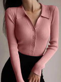 GETADME 2025 Women Lapel Slim Tops Ladies Buttons Sexy V Neck Long Sleeve POLO Neck Knit Cardigan Sweater