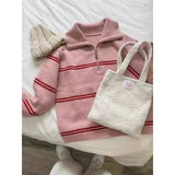 GETADME New autumn and winter zipper striped lapel women sweater loose lazy casual contrast sweater pullover men and women knitted tops