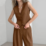 GETADME 오피스 레이디 여름 스트라이프 솔리드 V넥 버튼 슬리브리스 티셔츠와 하이웨이스트 와이드 레그 팬츠 투피스 세트 (여성용)