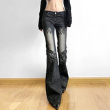 GETADME Women's Jeans  New American Retro Street Style Plant Print Washed Vintage Low-Rise Flare Pants Trendy Versatile