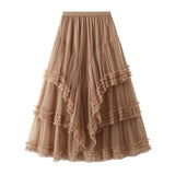 GETADME Long Skirt Womens White Black Skirt 2025 Goth Lolita Spring Summer High Waisted High Low Layer Ruched Mesh Ball Gown Skirts rok