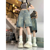 GETADME American Style Vintage Women's Short Jeans High Waisted Washed Wide Leg Denim Pants Woman Fashion Do Old Star Knee Length Shorts