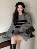 Getadme- 6XL Oversized New Korean Fashion Style Lazy Knitted Stripes Jumper Vintage Plus Size Loose Long Sleeve Pullover Tops Streetwear
