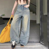 GETADME Spring Autumn Vintage Chicly Button Jeans Women American Simple Baggy High Waisted Denim Pants Washed Y2K Wide Leg Jean Trousers