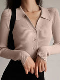 GETADME 2025 Women Lapel Slim Tops Ladies Buttons Sexy V Neck Long Sleeve POLO Neck Knit Cardigan Sweater