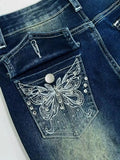 GETADME Fashion Y2k Jeans For Woman Blue High Waist Flared Denim Pants With Embroidery Vintage Retro Style  2025 Trendy Collection