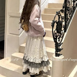 GETADME Women Sweet Vintage Mori Girl Style High Waist Splicing Plaid Long Skirt Winter New Korean Fashion Beige Lace Kawaii Maxi Skirts