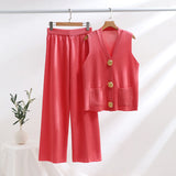 GETADME Vest Set Gold Botton OL Style 2025 New V Neck Set 2 Pieces Sweater Set For Summer Baggy Wide Leg Long Pants