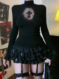 GETADME Turtleneck Top Y2k Clothes Black Gothic Cross Hollow Slimming Bottom T Shirt for Women Long Sleeve Sexy T-shirt Girls Tops