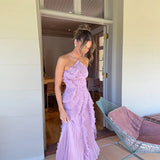 GETADME Elegant Purple Halter A Line Prom Gowns Ruffles Tiered Backless Party Gown Summer Vacation Chiffon Long Evening Dress