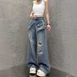 GETADME Streetwear Harajuku Jeans for Women Pantalones Vaqueros Mujer Chic Fake Two Denim Trousers Casual Straight Y2k Wide Leg Pants