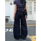 GETADME American Retro Blue Jeans Women Y2k Vintage Oversized High Street Wide Cargo Denim Trousers Casual Baggy Straight Denim Pants