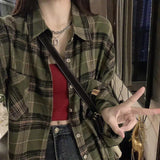 Harajuku Green Plaid Shirts Streetwear Women Vintage Long Sleeve Oversize Blouse Korean Fashion Aesthetic Clothes Female