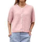 GETADME Lamuusaa y2k Sweaters 2000s Clothes Solid Color Round Neck Single Breasted Short Sleeve Cardigan Tops for Women Streetwear