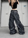 GETADME Vintage Patchwork Distressed Jeans Hip Hop Loose Wide Leg Cargo Pants Women's Washed Distressed Denim Trousers