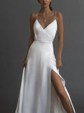 GETADME Elegant White Satin Evening Long Party Dress Women Sexy Slip Deep V Neck High Split Backless Maxi Summer Dresses for Women 2025
