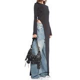 GETADME Y2K 여성 의류 긴팔 가을 사이드 하이 스플릿 O넥 롱 스타일 스트리트웨어 티셔츠 솔리드 타이트 여성 티셔츠 클럽웨어