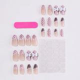 GETADME 24Pcs False Nails Pink Brown Polka Dot Lace Lace French Press on False Nails Bow Pearl Wearable Manicure Tips Art Fake Nails