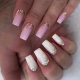GETADME 24Pcs Short Square Coffin False Nails Square Fake Nails with Glue French Glitter Wearable Acrylic Nails Set Press on Nail Tips