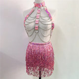 GETADME Women PU Leather Harness 2 Piece Set Sexy Hollow Out Metal Chest Chain With Tassel Sequins Mini Skirt Gothic Party Club Outfits