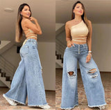 GETADME Women's XS-XL size 2025 Summer New High Waist Retro Loose Hole Wide Leg Pants Light Color Washed New Jeans Women's Pants jeans