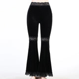 GETADME Gothic Dark Flocking Pants Women Streetwear Aesthetic Emo Alt Grunge See Through Lace-up High Waist Flare Pants Female