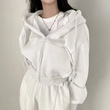 GETADME Korean Hood Shirt Women Fashion Fleece Lined Loose Hoodies Zipper Long Sleeve Crop Tops Harajuku Female Jackets Coats Sweatshirt
