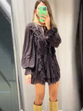 GETADME Elegant Solid Multiple Flounces Lace Up Dresses Chic Loose V Neck Full Sleeve Robes New Lady Summer Commute Vacation Gown 2025