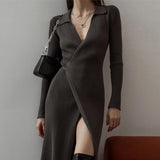 GETADME Ladies Lapel Knitted Lace Up Waist Dress for Autumn and Winter Long Sleeved V Neck Ribbed Celebrities Elegant Slim Midi Vestidos