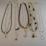 GETADME Sun Star Zircon Necklace for Women Vintage Leather Necklace Double Layered Pendant Chain Choker Fashion Jewelry