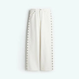 GETADME 2025 New Women's Low Rise Wide Leg Denim Jeans Pant With Chic Studs-Embellished Side Detail High Street Stylish Female Trousers