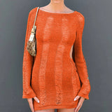 GETADME Hipster Long-sleeved Hollow Out Knitted Sexy Backless Tight Fitting Midnight Club Mini Dress Y2k Sheer Cocktail Clothes Women