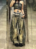 GETADME American Retro Washed Denim Jeans washing old hand-painted graffiti printed jeans Fashion Loose Casual Wide Leg Jeans