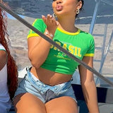 GETADME 2025 Retro Street Aesthetic Baby T-shirt Women Green Brazil Letters Print Crop Tops Casual Slim Short Sleeve Y2k Clothes E-girls