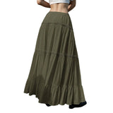 GETADME Women's Flowy Skirts Fashion Flared Ruffle Hem A Line Maxi Skirts Elastic Waist Elegant Tiered Layer Simple Solid Long Skirts