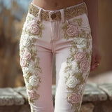 GETADME Spring Autumn New Women's High Waist Rose Embroidery Beaded Denim Pants Versatile Comfortable Casual Trendy Commuting Daily Wear