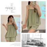 GETADME Women Summer Two Pieces Short Pajamas Suspenders Thin Sweet Cute Cotton Gilrs Homewear With Sleeveless Loose Soft Home Clothing