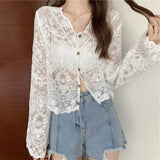 GETADME Vintage Summer Lace Blouses Women See Through Sheer Long Sleeve Sun Shirts Korean Style Casual Sun Protection Sexy Ladies Tops