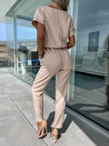 GETADME Jumpsuit Women 2025 Solid Color Short Sleeve V-neck Pocket Lace-up Pencil Long Pants Jumpsuits Summer Outfits Bodysuits