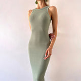 GETADME 2025 New Solid Basic Vintage Sleeveless Ribbed Bodycon Women's Summer Knit Dress Casual Sexy Slim Hip-cover Midi Dress For Women