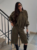GETADME HH Women Brown Green Suede Jacket Loose Casual Bomber Coat Lapel Zipper Long Sleeve Jackets Vintage Lady Motorcycle Outwears