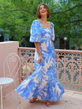 GETADME 2025 Summer Fashion New Women's Elegant Bohemian Dress with Printed Temperament One Collar Lantern Sleeve Long Dress