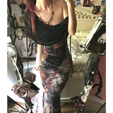 GETADME Y2K Mesh Print Long Dress Women Vintage Sexy Skew Collar Mermaid Maxi Dresses Summer Harajuku Bodycon Trumpet Vestidos New