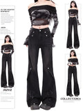 GETADME 여름 여성 한국 패션 블랙 플레어 진 Y2K 일본 스트리트웨어 로우 라이즈 벨 보텀 데님 팬츠 롱 팬츠 2000년대 K팝