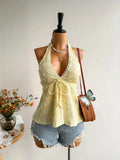 GETADME Women's summer V-neck lace up exposed neck and backless casual vacation Topboho Easter beach clothing Hawaii Coachella Music Fes