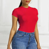 GETADME Solid One Piece Bodysuit Short Sleeve O Neck Sexy Open Basic Overalls Women Tight Fitting Body Top Skinny  Female