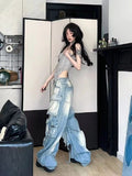 Women Pocket Cargo Denim Pants Y2K Retro Wash Loose High Waist Hot Girl Wide Leg Pants Fashion Street Casual Straight Leg Pants