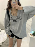 Getadme-Y2K Two Pieces Set Oversized Women T-Shirts Spring Long Sleeve Halter Letter Print Sweatshirt Ladies Casual Loose Harajuku Tops