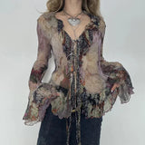 GETADME Y2k Vintage Print Ruffles T-Shirt Sexy Mesh Flare Sleeve Tie-up Cardigans See Through V-neck Tops Street Harajuku Holiday Tee