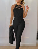 GETADME Two Piece Set Women Outfit 2025 Summer Fashion Hollow Out Round Neck Sleeveless Tank Top & Casual Pocket Daily Pants Set